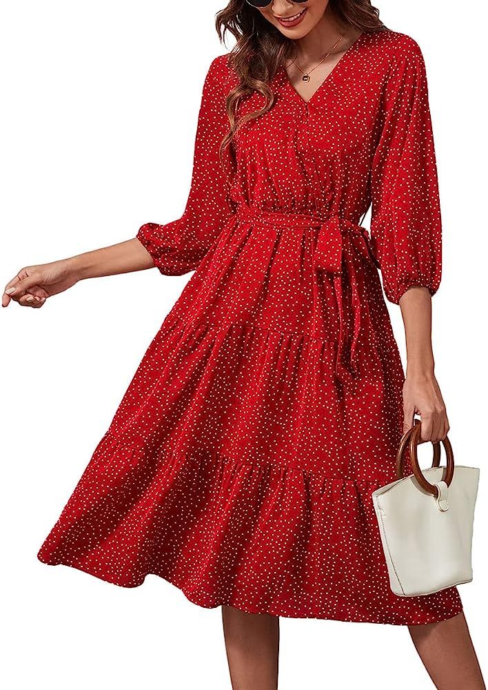 Schkleier Women's Summer Fall 3/4 Sleeve V Neck Casual Flowy Party Floral Midi Dress | Amazon (US)