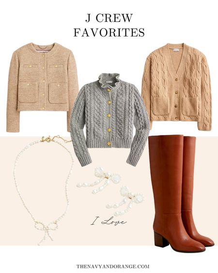 J crew favorites, cardigans, wool, ruffle, cable knit, bow, gold, pearls, riding boots, tall boots, fall fashion, fall style 

#LTKSeasonal #LTKfindsunder100 #LTKstyletip
