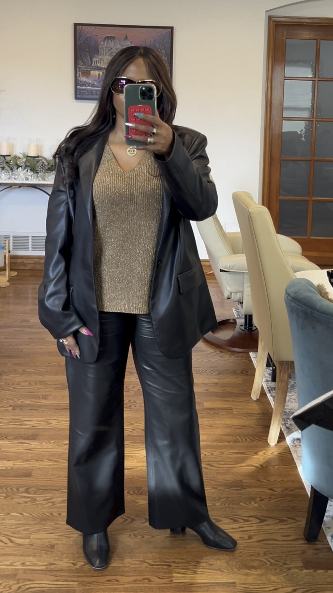 Created a faux leather suit out of a jacket. My obsession with the faux leather slacks knows no bounds  

#LTKover40 #LTKVideo #LTKstyletip