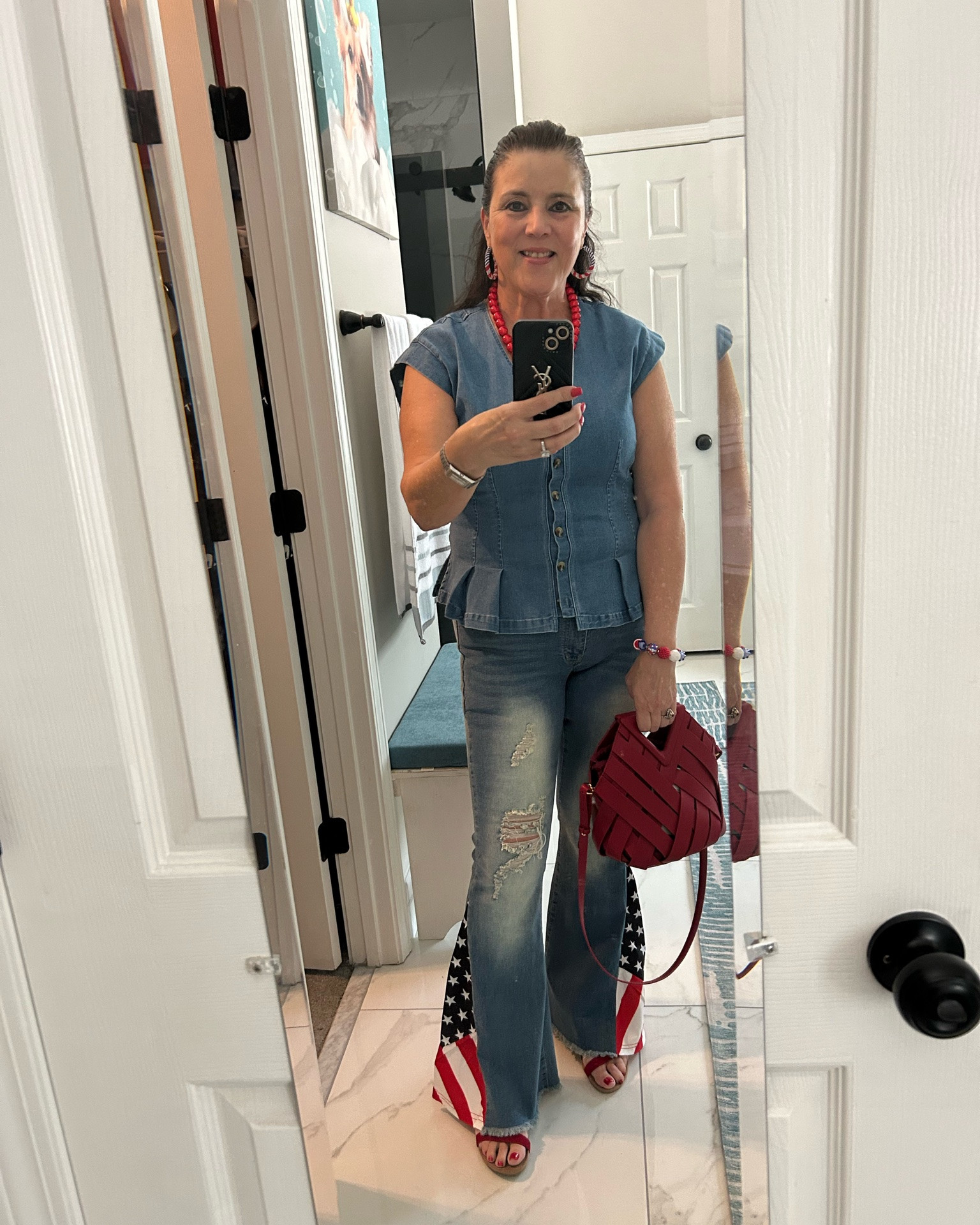 Denim and red is so classy!! ❤️🇺🇸 Loving this fun patriotic look, and that little pop of red bag just makes the outfit. Always be confident!
#styleover50 #agelessfashion #midlifefashion #over50style #ootd

#LTKSeasonal #LTKMidsize #LTKootd