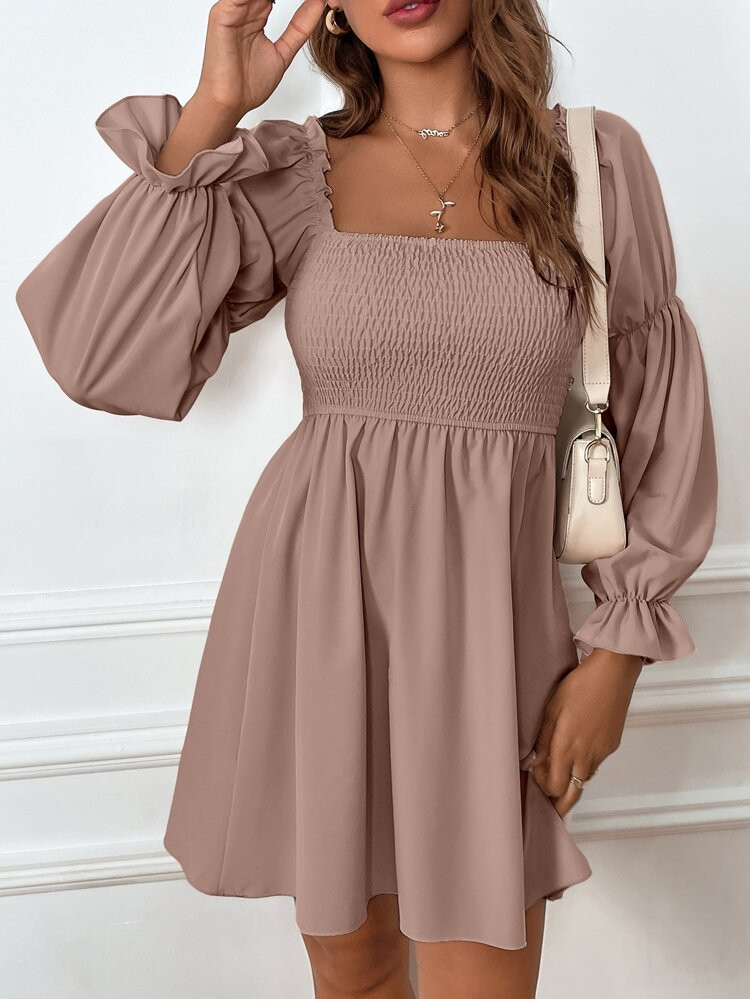 Gathered Sleeve Square Neck Shirred Bodice Dress | SHEIN