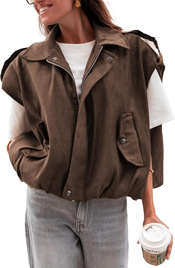 TAQCUX Women's Faux Suede Bomber Vest Casual Oversized Sleeveless Jacket Fall Spring Lapel Coat T... | Amazon (US)