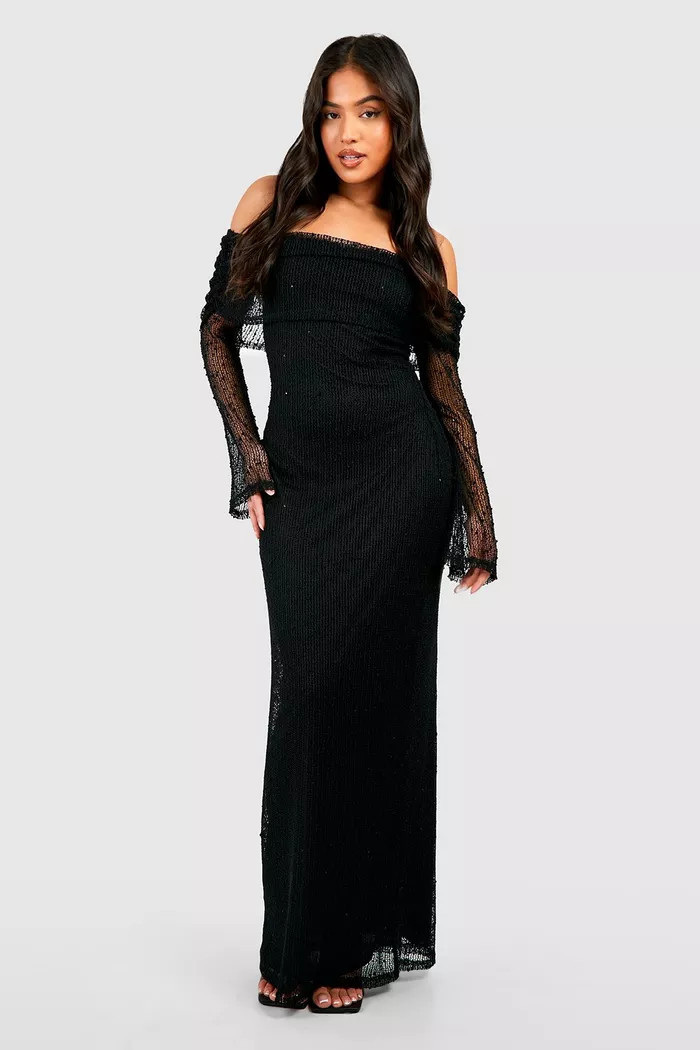 Petite Textured Knit Bardot Drape Maxi Dress | Boohoo.com (UK & IE)