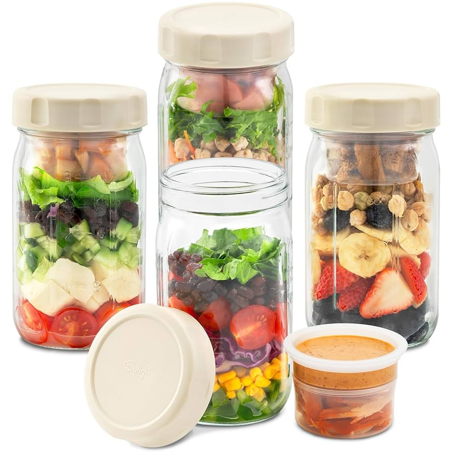Amazon.com: SOLIGT 4 Pack Glass Salad Jars with Lids Meal Prep, Leakproof Container for Lunch, Tw... | Amazon (US)