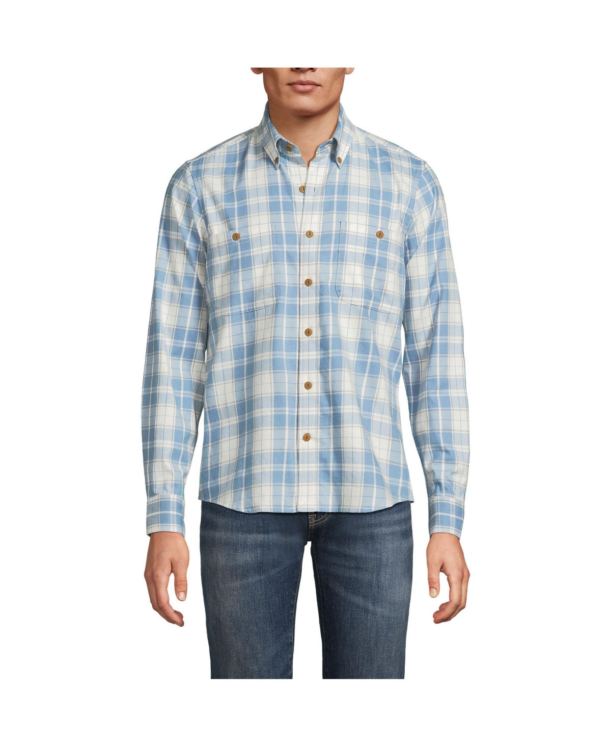 Lands' End Men's Lightweight Coastal Flannel Shirt - Pale slate blue/ivory plaid | Macy's