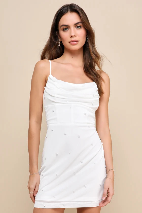 Spectacular Poise Ivory Mesh Pearl Cowl Bodycon Mini Dress | Lulus