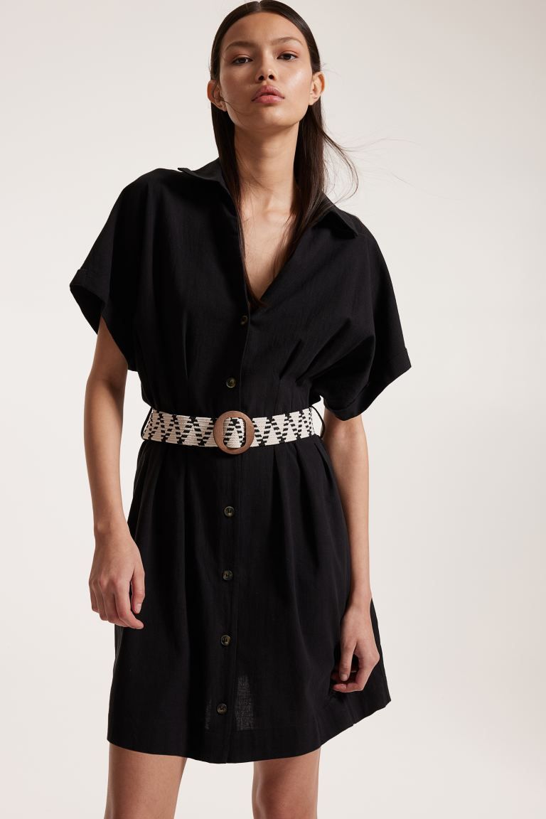 Shirt Dress with Belt - V-neck - Short sleeve - Black - Ladies | H&M US | H&M (US + CA)