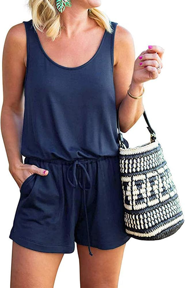 KIRUNDO Women's 2024 Casual Summer Sleeveless Jumpsuits Crewneck Tie Waist Tank Top Short Romper ... | Amazon (US)