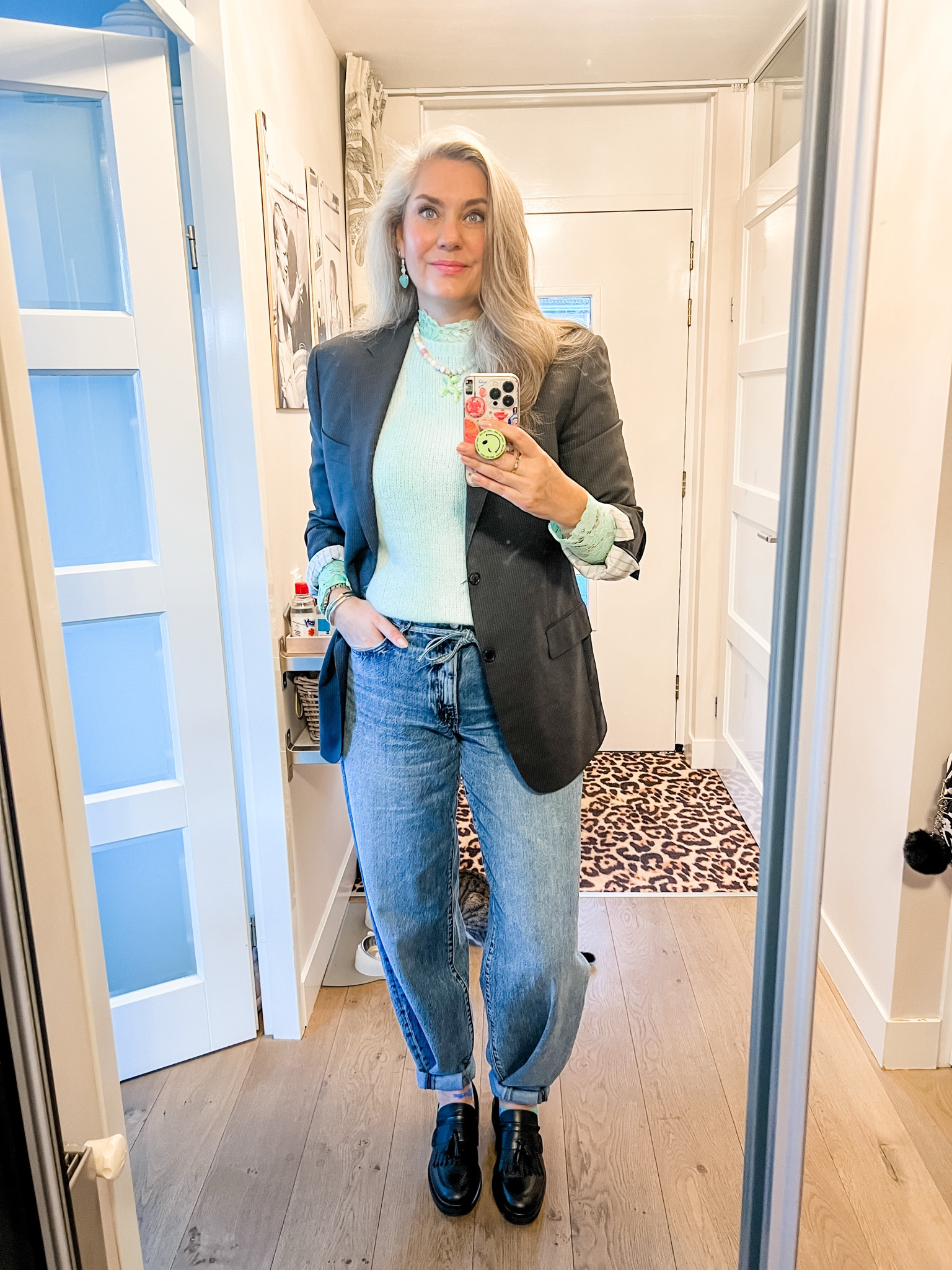 Ootd - Wednesday. Mint green wooly jumper over a mint green lace top, paired with barrel leg jeans, a thrifted men’s blazer, mesh socks and Hey Marly loafers. 

#LTKnederlands #LTKeurope #LTKmidsize
