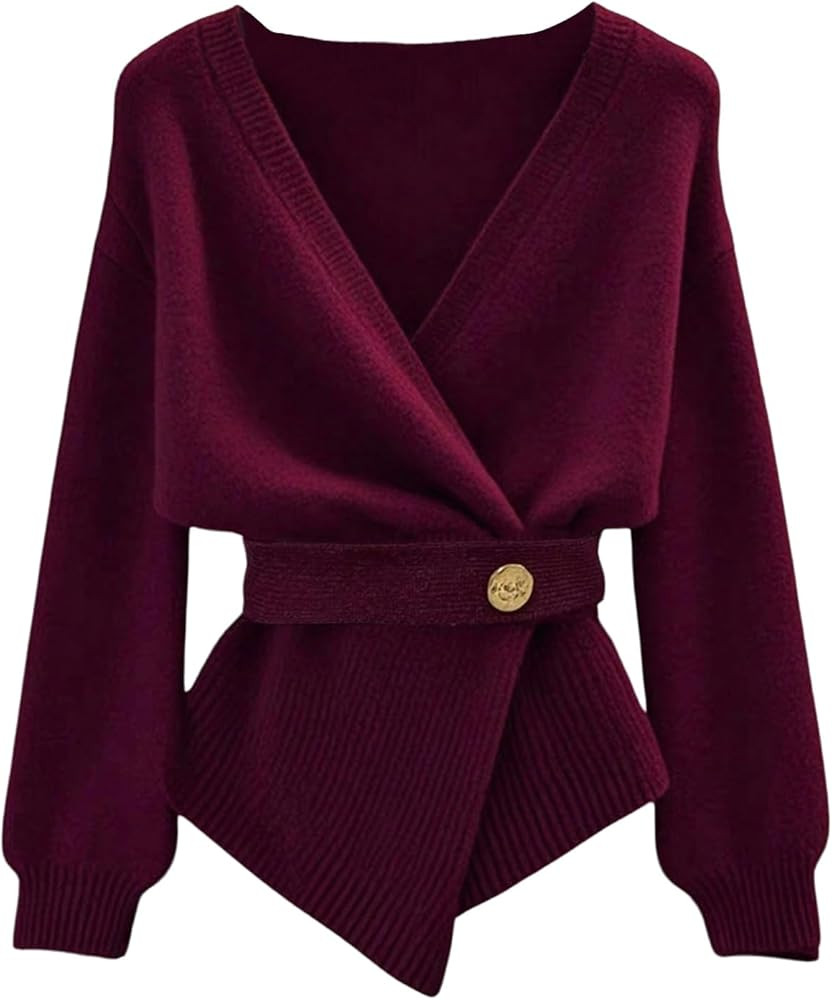 GORGLITTER Women's Wrap Cardigan Deep V Neck Long Sleeve Dressy Sweater Business Casual Outfits | Amazon (US)
