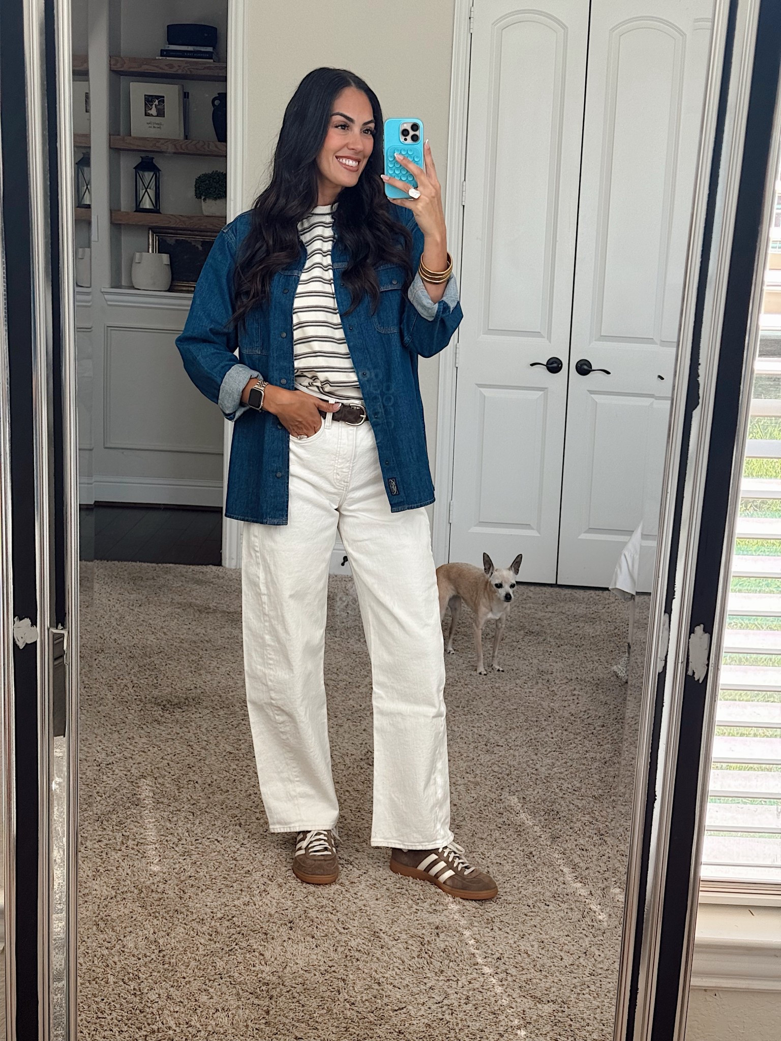 Medium denim
Large striped shirt
26 tall pants 