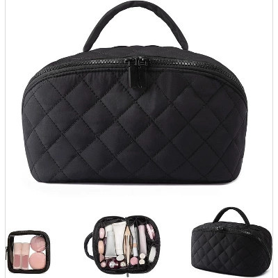 2-Piece Puffer Waterproof Cosmetic Organizer Set. Large Capacity Bag Opens Flat with Brush Compartment and Handle. Black Large | Target