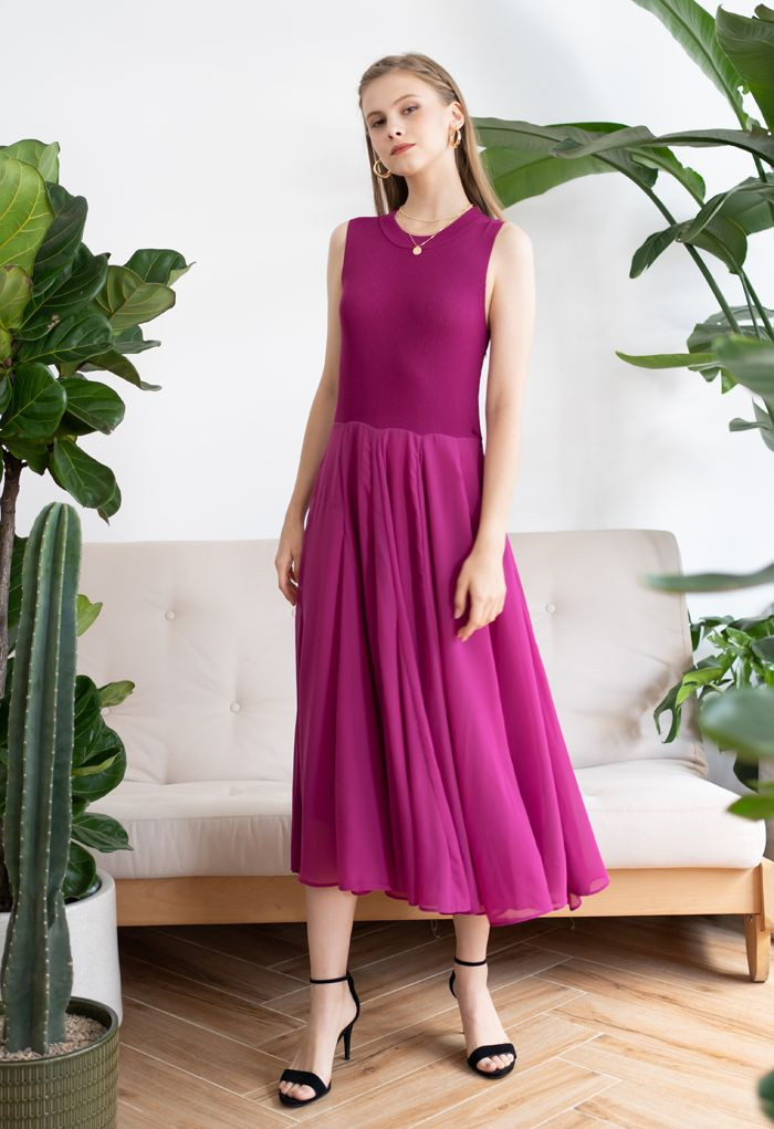 Knit Spliced Sleeveless Maxi Dress in Magenta | Chicwish
