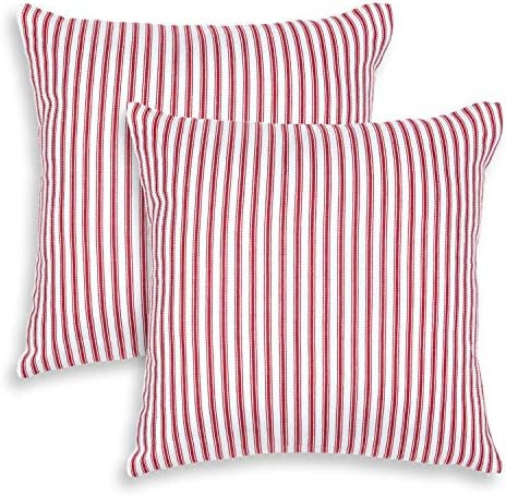 Amazon.com: Cackleberry Home Red and White Ticking Stripe Woven Cotton Decorative Square Throw Pi... | Amazon (US)