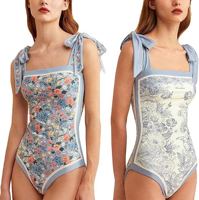 Saanerueen Women Floral One Piece Swimsuits, 2023 New Reversible Tie Shoulder Monokini | Amazon (US)