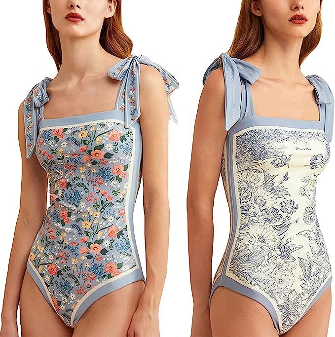 Saanerueen Women Floral One Piece Swimsuits, 2023 New Reversible Tie Shoulder Monokini | Amazon (US)