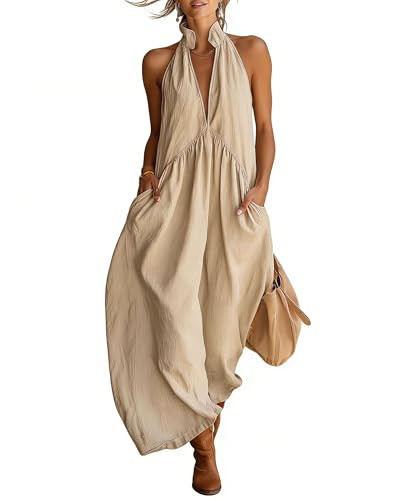 2026 Minimalist Halter Neck Maxi Dress, Casual Loose Fit Summer Sun Dress with Pockets, Chic Sleeveless Long Beach Gown (US, Alpha, Small, Regular, Regular, Neutral Beige) | Amazon (US)