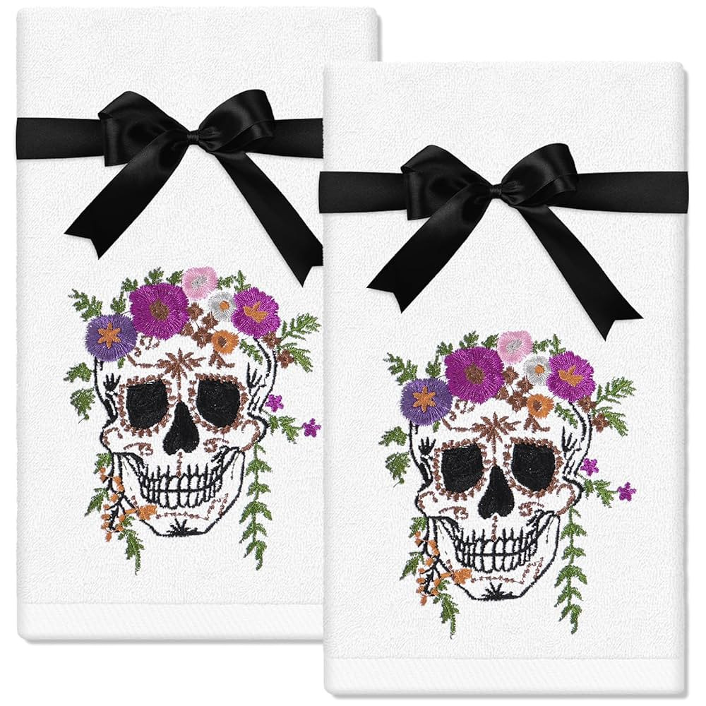 2 Pcs Halloween Skull Hand Towels Flower Skull Embroidered Cotton Towel Dish Towel with Ribbon fo... | Amazon (US)