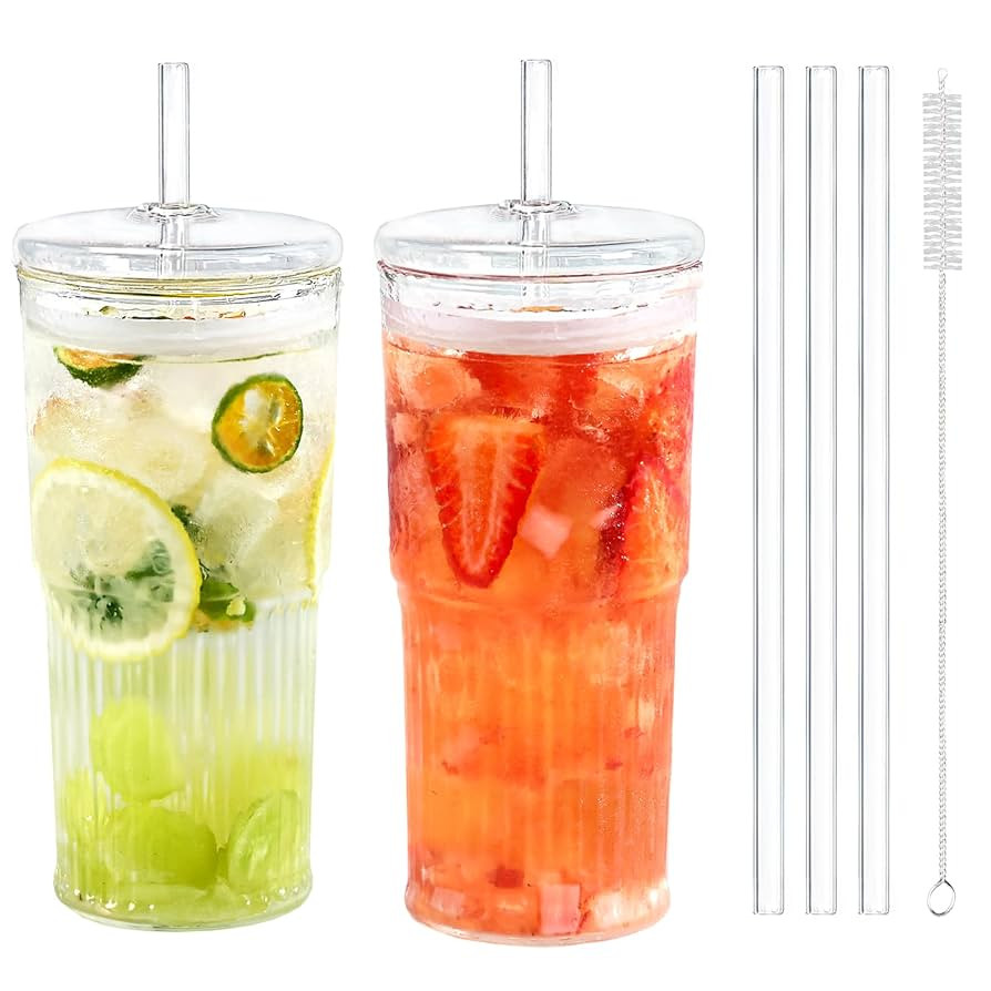 Puraville 20oz Glass Cups with Lids and Straws, 2 Pack High Borosilicate Iced Coffee Cups Drinkin... | Amazon (US)
