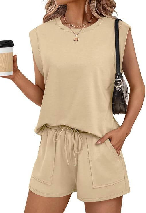 RUBZOOF Two Piece Sets for Women Summer Cap Sleeve Lounge Short Sets Crewneck Outfits with Pocket | Amazon (US)