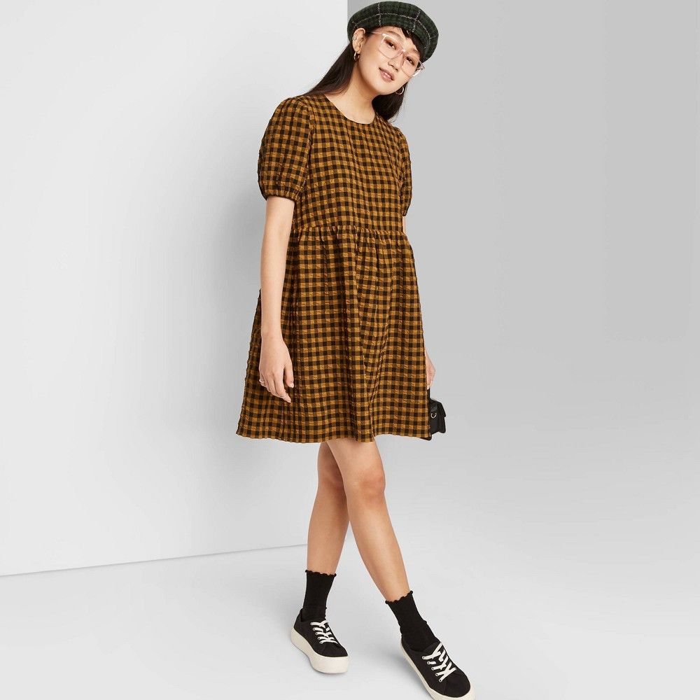 Women's Puff Short Sleeve Seersucker Dress - Wild Fable Dark Gold Plaid L | Target