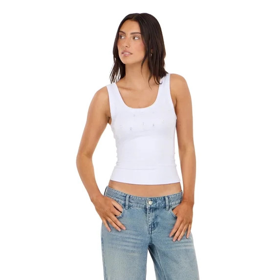Forever 21 Women’s Beaded Tank Top, Fitted Sleeveless Scoop Neck Top with Embellished Front Det... | Walmart (US)