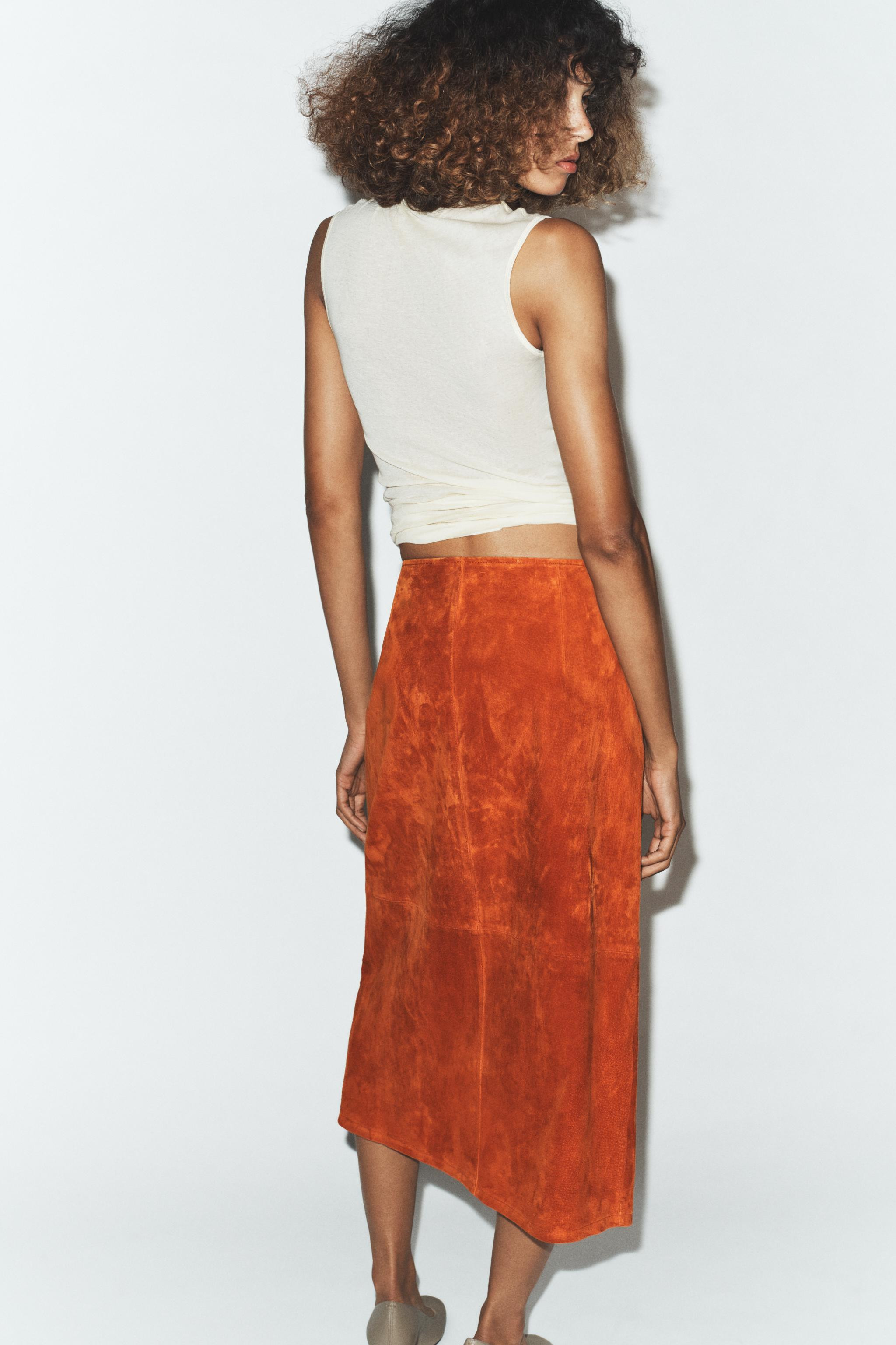 100% SUEDE LEATHER WRAP MIDI SKIRT | Zara US