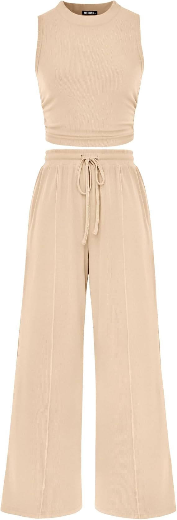 BTFBM Summer Outfits For Women 2026 Ribbed Sleeveless Tank Tops Wide Leg Pants 2 Piece Sets Loung... | Amazon (US)