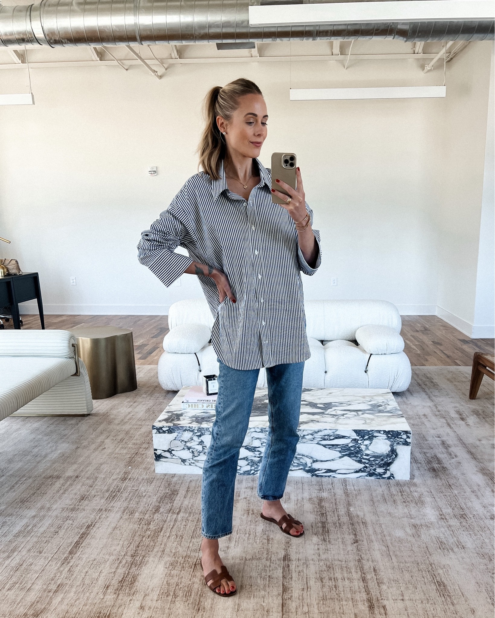 Fashion Jackson wearing blue stripe button up shirt (size 4), AGOLDE jeans, Hermes sandals, fall outfit #fashionjackson 

#LTKshoecrush #LTKworkwear #LTKstyletip