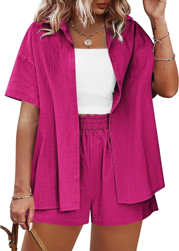 IN'VOLAND Women's Plus Size 2 Piece Tracksuit Outfits Sets Cotton Linen Sets Short Sleeve Shirt S... | Amazon (US)
