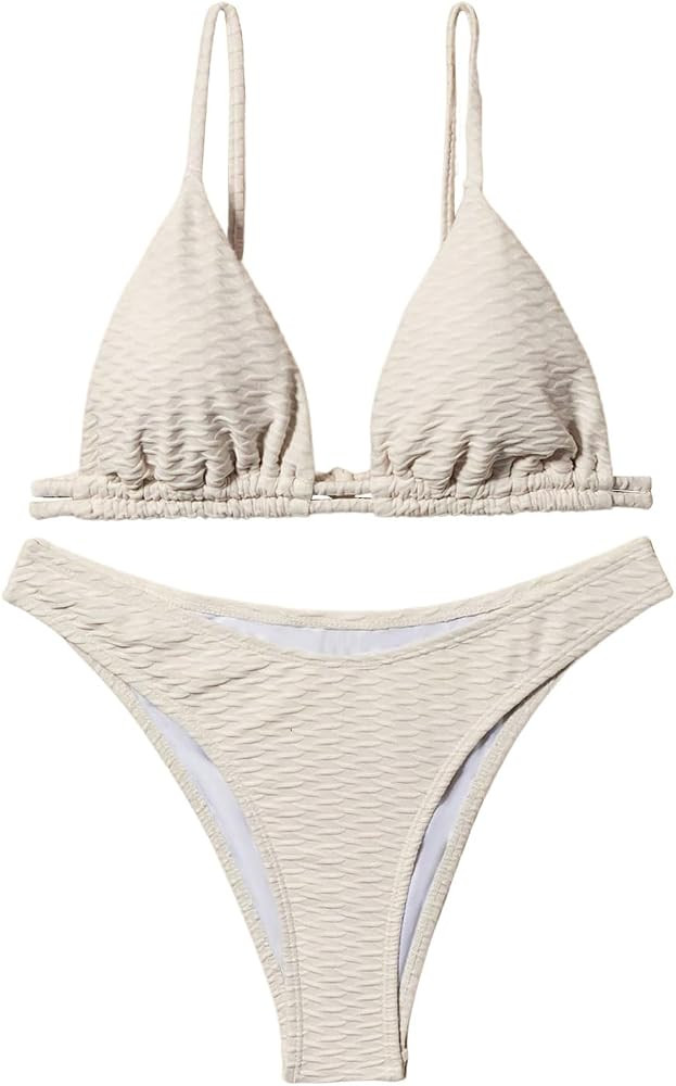 Women's 2 Piece High Waisted Bikini Sets Triangle Crisscross Back Bathing Suit Textured Swimsuit | Amazon (US)