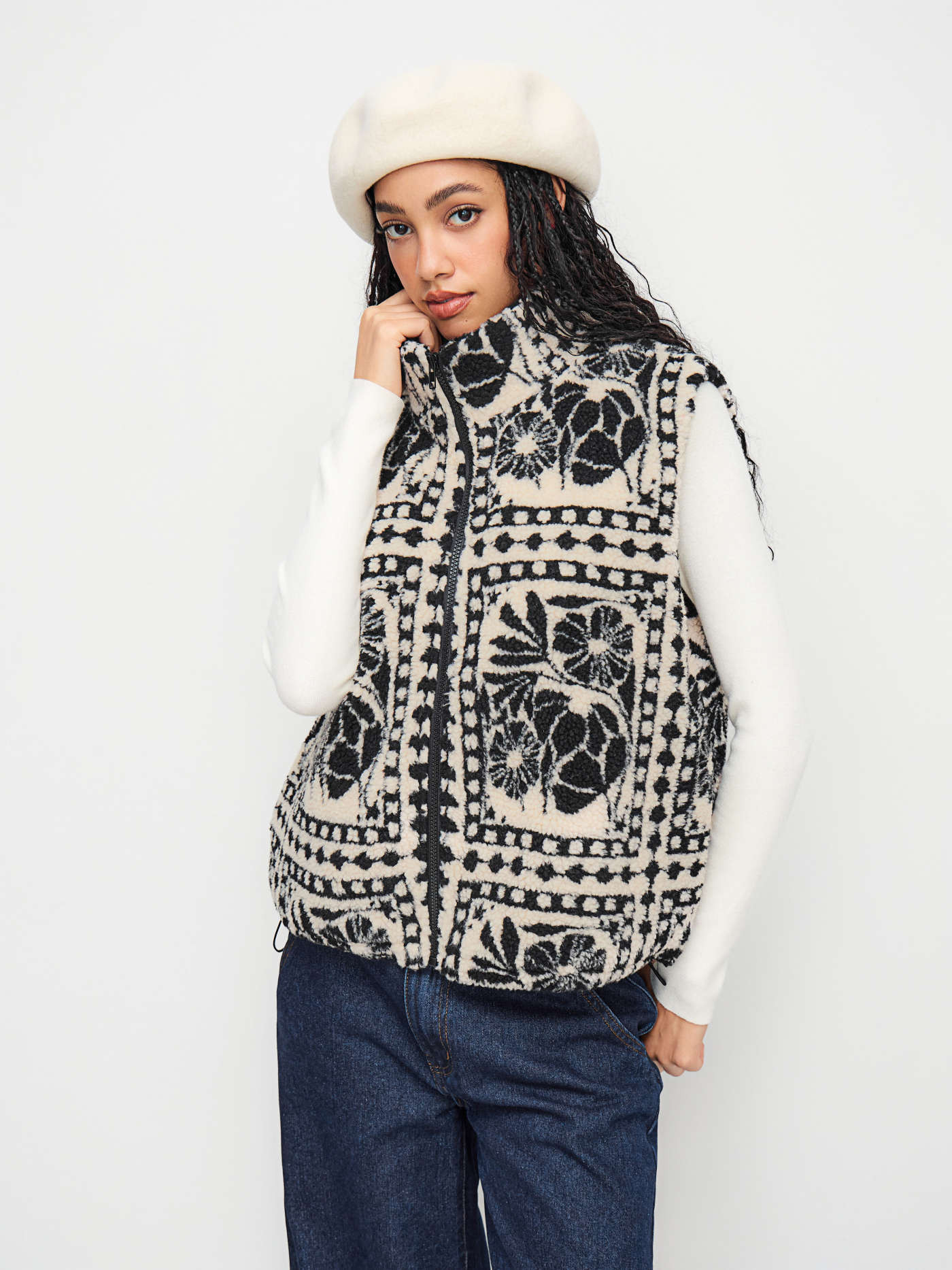 Fleece Fleece Funnel Neck Floral Oversized Jacket Vest For Daily Casual | Cider