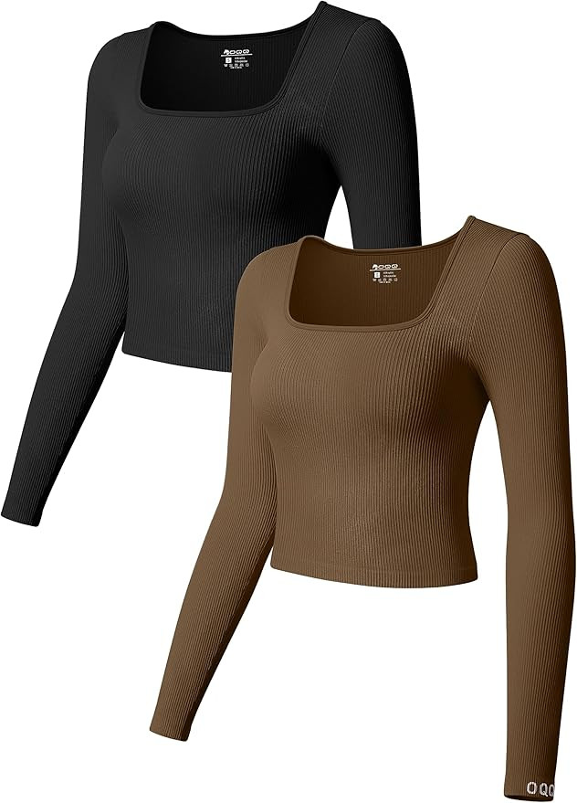 OQQ Women's 2 Piece Crop Tops Long Sleeve Square Neck Underscrubs Stretch Fitted Layer Tee Shirts... | Amazon (US)