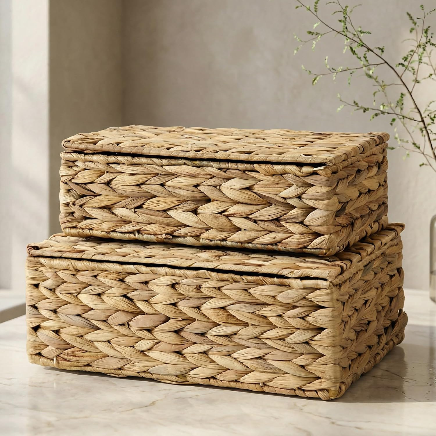 ZICOTO Decorative Storage Boxes with Lids - Set of 2 Beautiful Wicker Organizer Bins for Your Bookshelf Home Decor - Safely Store Photos, Documents, and Memory Box Keepsakes in Stylish Rattan Design | Amazon (US)