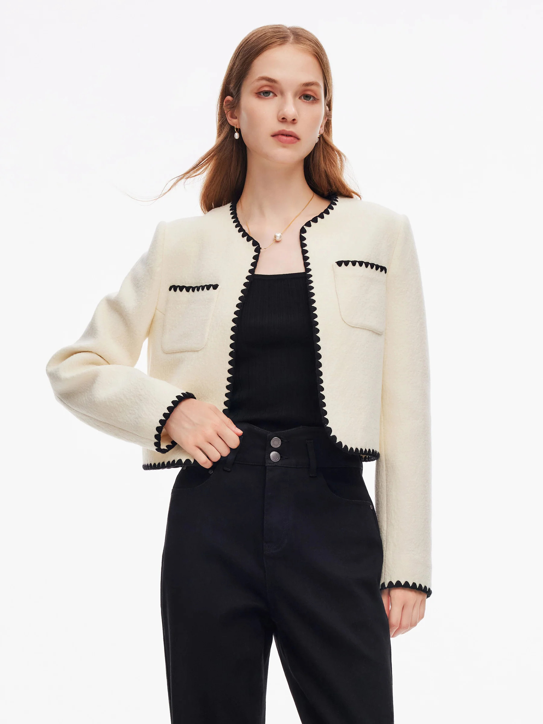100% Wool Contrast Trim Women Crop Jacket | GOELIA