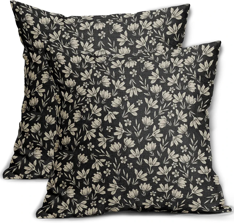 Vintage Flower Pillow Covers 18x18 Set of 2 Rustic Cute Small Floral Black Brown Old Style Decora... | Amazon (US)