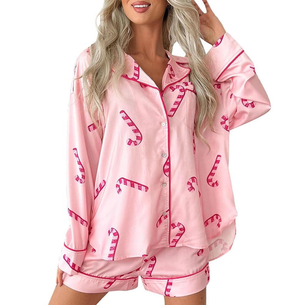 KOSUSANILL Valentine's Day Pajamas for Women 2 Piece Bow Pajama Set Tie Cuff Long Sleeve Cute But... | Amazon (US)
