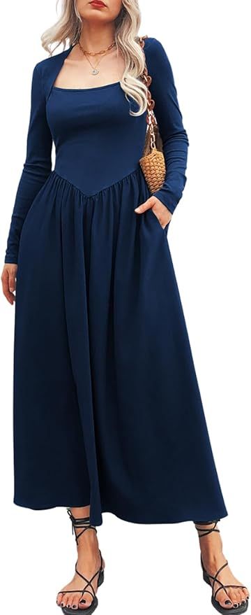 Women's Long Sleeve Maxi Dress 2024 Fall Crewneck Knit Casual Solid Wedding Guest Flowy Long Dres... | Amazon (US)