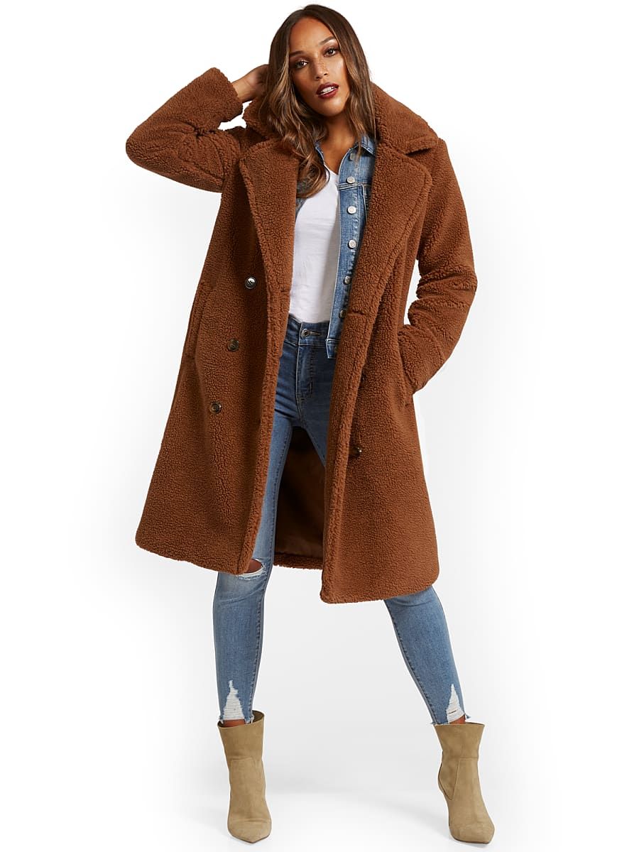 NY & Co Women's Long Teddy Faux-Fur Coat Cognac Brown Size Medium Polyester | New York & Company