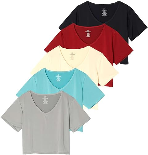 5 Pack Set Womens Short Sleeve Crop Tops Workout Top Tees T Shirts Dry Fit V Neck Summer Running Gym Yoga Active Cropped | Amazon (US)