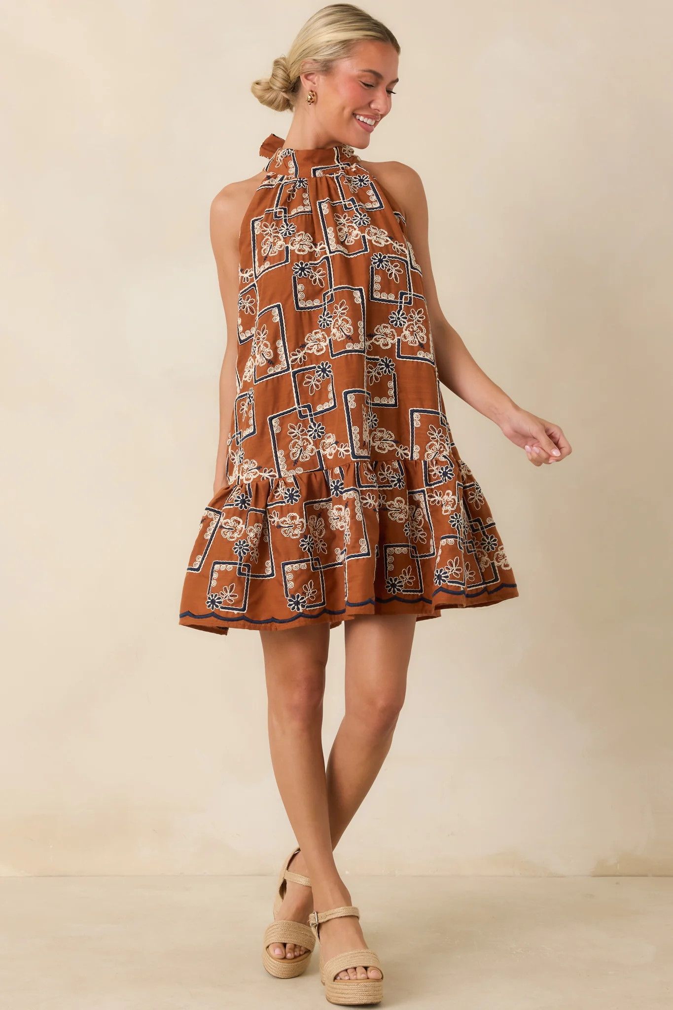 Blooming at Dusk Terracotta Embroidered Halter Mini Dress | Red Dress