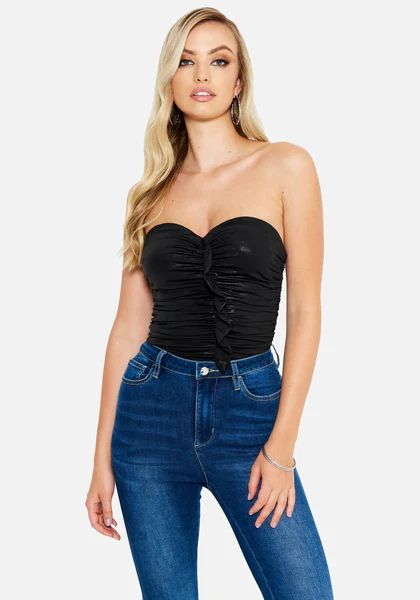 Strapless Ruched Ruffle Knit Top | Bebe