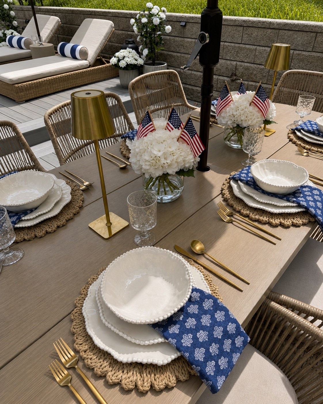 Patriotic Tablescape With Classic Blue & White Details 🇺🇸

The easiest way to make a summer table feel elevated? Start with layered neutrals, woven textures, soft hydrangeas, and subtle patriotic touches that feel timeless instead of overdone. These blue patterned napkins paired with the pearl dinnerware might be one of my favorite summer table combos yet. ❤️🤍💙

Follow @farmtotablecreations on Instagram for more outdoor entertaining ideas, patio styling, and favorite home finds.

#patriotictablescape #summerhosting #outdoordining #amazonhome #patiodecor

patriotic table decor | blue and white tablescape | summer entertaining | outdoor dining table | woven placemats | pearl dinnerware | patriotic centerpiece | hydrangea decor | summer patio styling | outdoor hosting ideas | neutral patio decor | backyard entertaining | scalloped umbrella | summer tablescape inspiration | layered table setting | gold flatware | outdoor decor ideas | memorial day tablescape | fourth of july decor | wicker patio chairs | cozy outdoor living | amazon patio finds | designer inspired decor | elevated summer decor | patio entertaining ideas

#LTKSeasonal #LTKHome #LTKSaleAlert