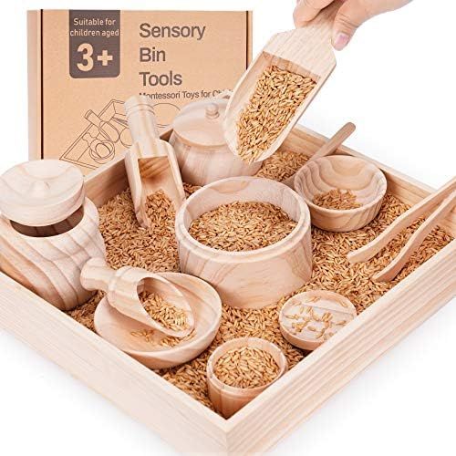 Sensory Bin Tools with Wooden Box, Montessori Toys for Toddlers, Sensory Toys, Set of 12 Wooden S... | Amazon (US)