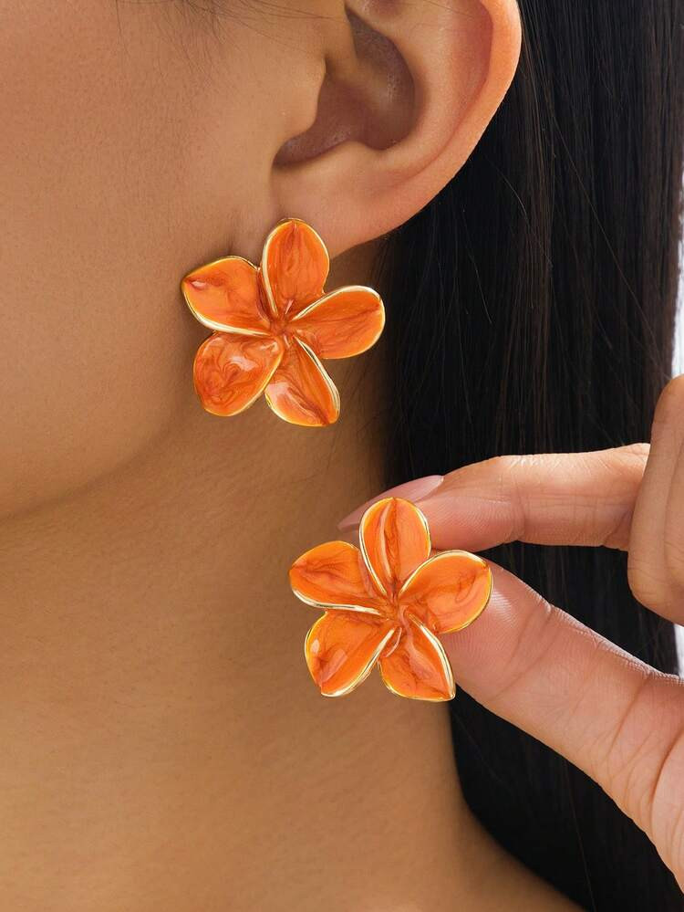 1 Pair Handmade Elegant Luxurious Enamel Orange Hibiscus Flower Earrings, Romantic Summer Beach Style | SHEIN