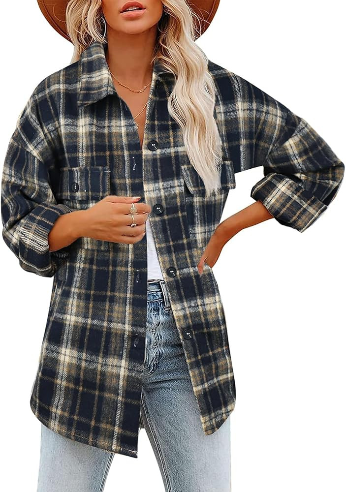 Beaully Women's Flannel Plaid Shacket 2025 Fall Outfits Long Sleeve Button Down Shirts Jacket Coa... | Amazon (US)