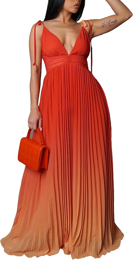 ZVO Women Maxi Dress Sexy Cocktail Party Long Dress Summer Loose Beach Dresses A-line Pleated Hal... | Amazon (US)