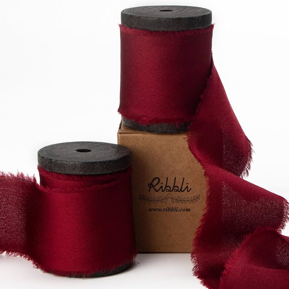 Ribbli Burgundy Silk Satin Ribbon 1.5 Inch x 12 Yard Handmade Frayed Chiffon Ribbon with Wooden S... | Amazon (US)