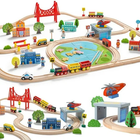 Tiny Land 110-Piece Wooden Train Set with Track, Ideal for Ages 3-7, Wooden Toy for Boys & Girls | Walmart (US)