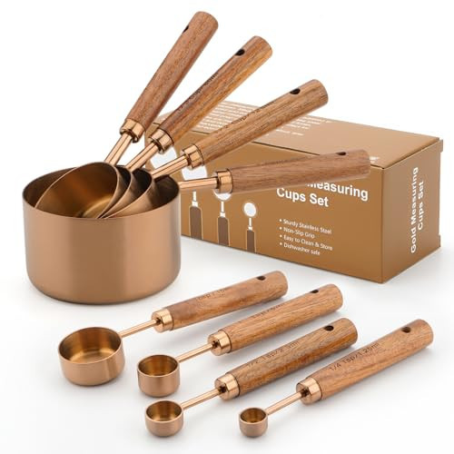 Gold Measuring Cups and Spoons Set, 8 Piece Premium Stainless Steel Measuring Cups with Wood Handles for Baking Supplies in the Kitchen (Bronze) | Amazon (US)